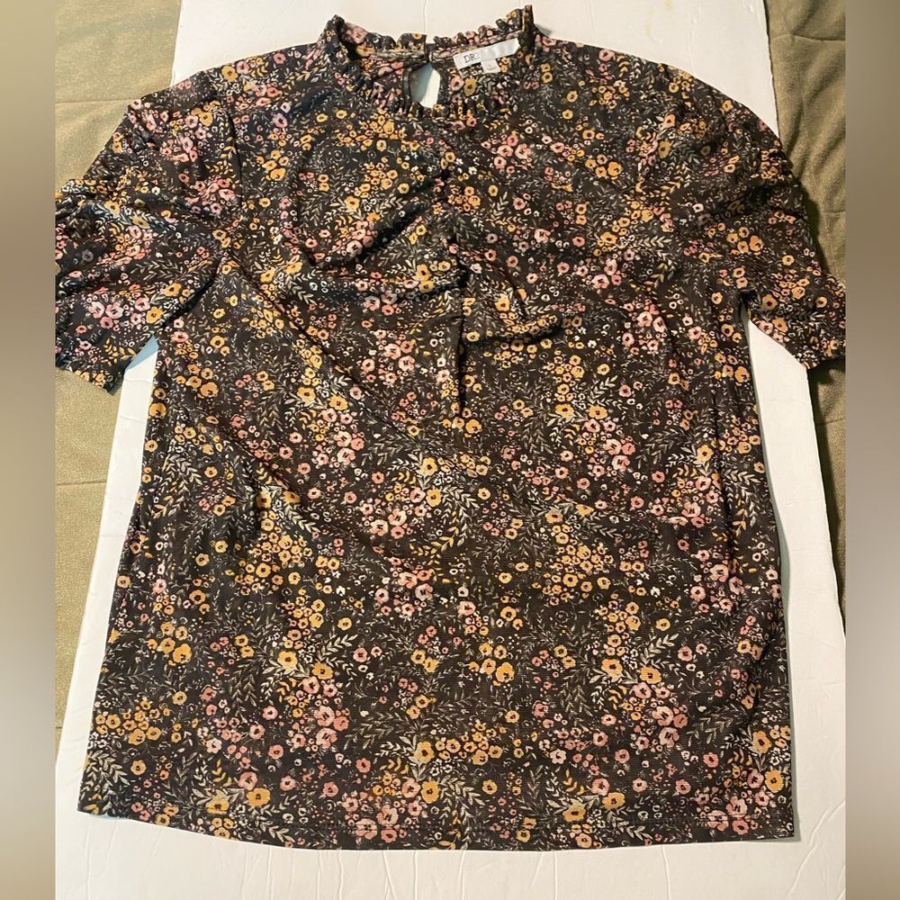 DR2 high neck brown micro floral print short sleeve blouse semi Sheer mesh L